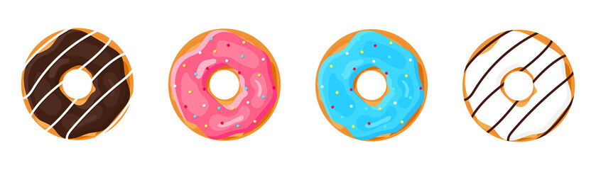 Set of vector colorful donuts. Sweet icing sugar donuts. Break time with white and dark chocolate, pink and blue icing donuts on top. Vector illustration isolated on white background