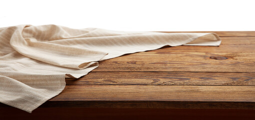 Empty canvas napkin on wooden desk top view