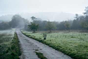 Fototapeta na wymiar Mystical morning fog lies over a field and a dirt road leading into wooded hills in the mist.
