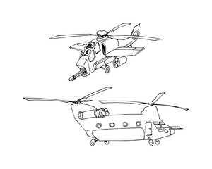Helicopter with a machine gun. Military transport. Modern aviation technologies. Vector illustration with black contour lines, isolated on a white background in doodle and hand drawn style.