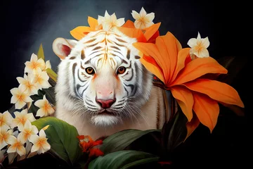 Nahaufnahmeporträt des weißen Amur-Tigers in den tropischen Blumen und in den Blättern. Sibirischer weißer Tiger. Digitale Illustration © Viks_jin