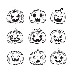 Halloween pumpkin icons set. Vintage cartoon pumpkins isolated on white background. Design elements for logo, badges, banners, labels, posters. Vector illustration
