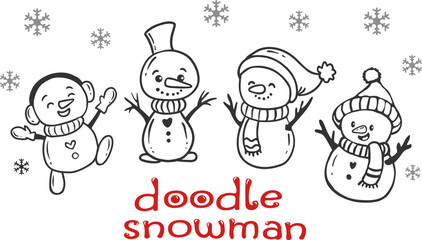 set of cartoon christmas snowman doodle style. Funny snowman wearing hat, scarf and mittens collection on white background.Vector illustrations 