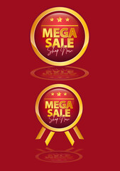 Mega sale logo emblem vector round illustration red and gold luxury