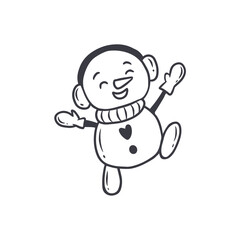 cartoon happy snowman isolated on white background.Vintage snowman line.Vector illustration