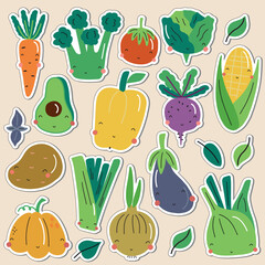 Vector vegetables icons set in cartoon style. Collection farm product for restaurant menu, market label.