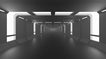 先端科学の研究所を思わせる未来的な空間。壁や天井に埋め込まれたクールな光のラインに照らされた床、ステージ、無人の部屋をイメージした抽象的な背景用の3Dレンダリングイラスト