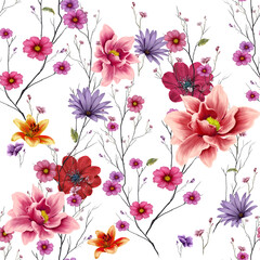 Watercolor painting of leaf and flowers, seamless pattern on white background - 540083325