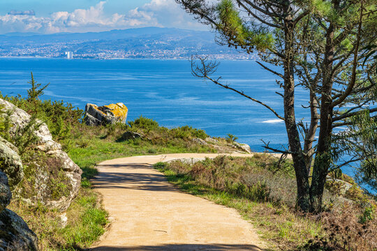 View of the Cies Islands with the beautiful beach of Rodas, in Galicia, Spain. 
