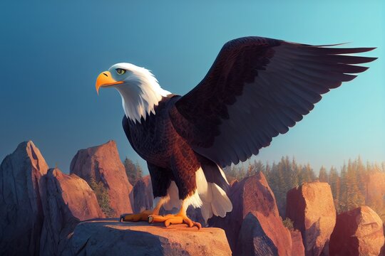 3D rendered American Bald Eagle with cute kawaii look like modern animation. Computer generated patriotic American bird. Official mascot of the United States. Left wing up for liberal democrats