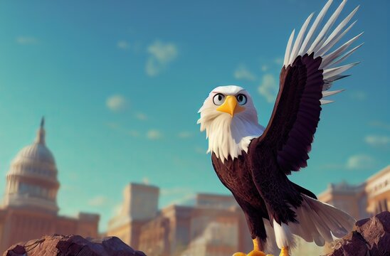 3D rendered American Bald Eagle with cute kawaii look like modern animation. Computer generated patriotic American bird. Official mascot of the United States. left wing up for liberal democrats