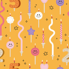 Colorful birthday candles seamless pattern. Hand drawn Infant age candles. Baby shower gifts decoration vector. Design for print, textile, greeting card or wrapping paper