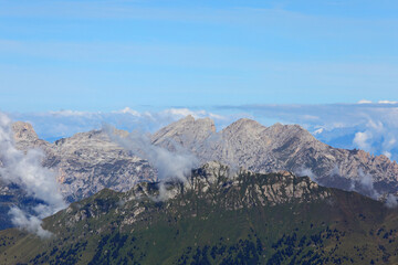 dolomites and italian alps mountains from peak of mount Rosetta Above the town of San martino di Castrozza
