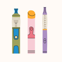 Hand draw vector set of various types of electronic cigarettes. Modern devices for vaping. Hipster equipment for smoking. Variety of designs vape pens and pod mods.