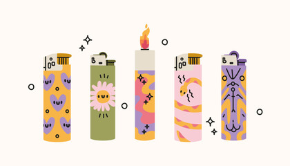Set of various Lighters. Cigarette lighters with cool colorful prints. Side view. Smoking equipment. Hand drawn isolated Vector illustrations. Design, print templates on white background
