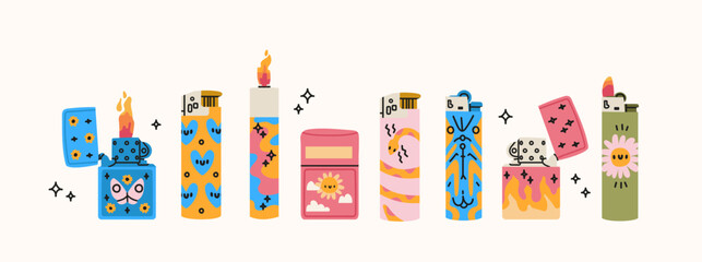 Set of various Lighters. Cigarette lighters with cool colorful prints. Side view. Smoking equipment. Hand drawn isolated Vector illustrations. Design, print templates on white background 
