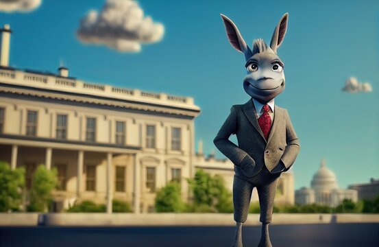3D rendered American Donkey with cute kawaii look like modern animation. Computer generated patriotic American donkey. Symbol of left-wing progressive liberalism