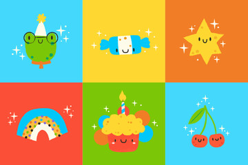 Set of 6 illustrations in kawaii style. Cute frog, candy, cherries, rainbow, cake and star.Hand Drawn birthday labels set vector illustration design.Happy birthday greeting card for children 