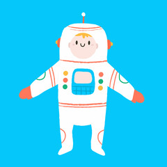 Little boy is an cosmonaut in space among the stars. Vector hand draw illustration in small style.Adorable astronaut boy illustration in the childish style