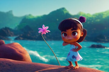 3D rendered Hawaiian Hula Girl with cute kawaii look like modern animation. Computer generated tropical island paradise, beach, gorgeous view of Hawaii and native islander hula girl