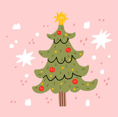 Hand draw cartoon christmas tree with decorations. Bright illustration isolated on pink background. Happy new year. Winter pre made card. Holiday postcard. Perfect for cards