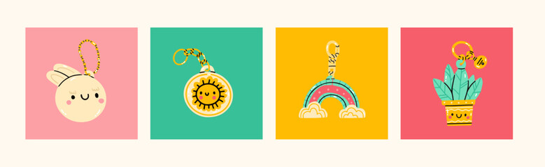 Set of various different Keychains. Keyholders and keyrings collection. Modern keys with pendants. Hand drawn Kawaii Vector illustration. Home rental, property, real estate concept.
