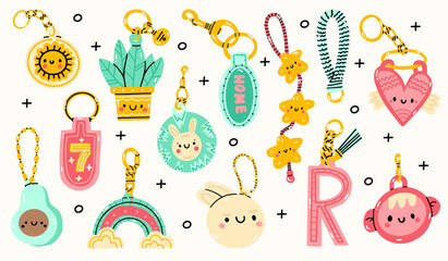Set of various different Keychains. Keyholders and keyrings collection. Modern keys with pendants. Hand drawn Kawaii Vector illustration. Home rental, property, real estate concept. 