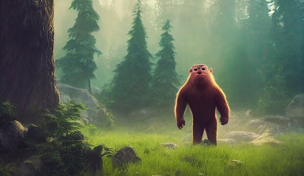 3D rendered Sasquatch (Bigfoot) with cute kawaii look like modern animation. Computer generated furry mythological creature based on "photos" provided by Big foot hunters