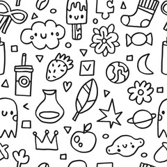 Cute childish pattern. Vector baby baby . Doodle ice cream, candle, cloud, leaf, sock, moon, vase, ghost. Perfect for wrapping paper, printing on the fabric, design package and cover for kids