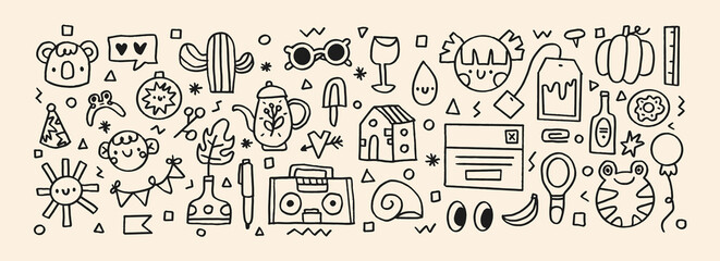 Cute childish linear bright illustration. Vector baby.Doodle koala,  boy, sun, glass, cacti, radio, flower, kettle. Perfect for wrapping paper, printing on the fabric, design package and cover for kid