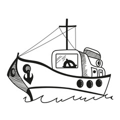 Ship, flat illustration. Children's motif, coloring book, print, doodle. © Kaproseas