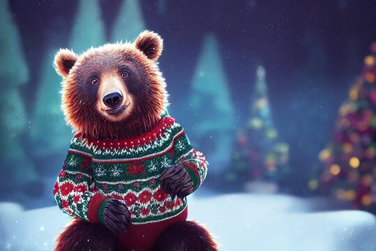 3D Rendered Christmas Bear With Cute Kawaii Look Like Modern Animation. Computer Generated Teddy Bear Wearing An Ugly Christmas Sweater To Celebrate The Winter Holiday Season