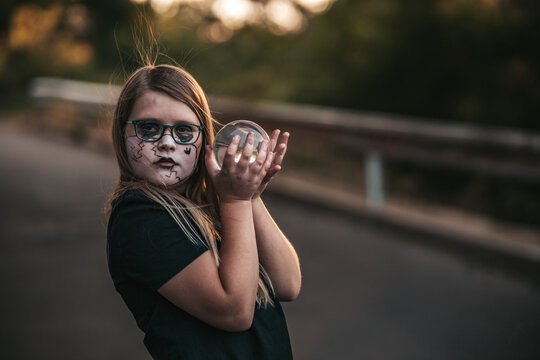 Teenage girl in hard rock costumes celebrate Halloween party