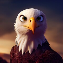 3D rendered American Bald Eagle with cute kawaii look like modern animation. Computer generated patriotic American bird. Official mascot of the United States