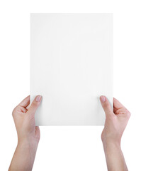 female hands hold a white sheet of paper mockup close-up on transparent background