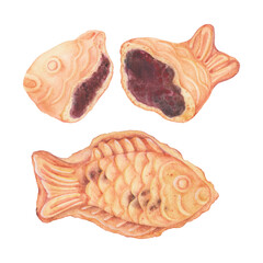 Watercolor illustration of  Korean Fish-Shaped Pastry set. Japanese fish-shaped waffle Taiyaki stuffed with red bean paste isolated on white background. Street food, traditional asian snack