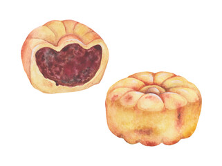 Transparent Background flower-shaped pastry stuffed with red bean paste illustration Png. Transparent Clipart 국화빵 Chrysanthemum Bread ready-to-use for site, article, print. Korean street food