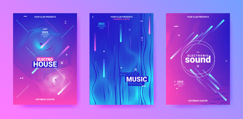 Abstract Dance Poster. Electro Sound Cover. Techno Music Flyer. Vector 3d Background. Dance Posters Set. Minimal Festival Banner. Gradient Distort Waves. Futuristic Dance Posters. - 540087369