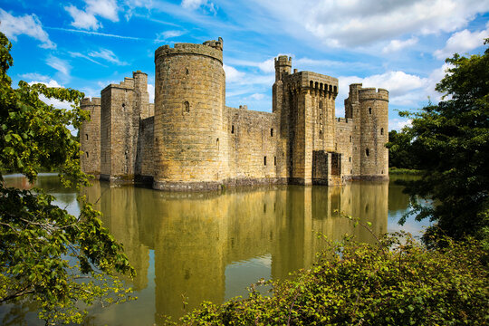 Facade and Moat of the Medieval Bodiam Castle in East Sussex, England
