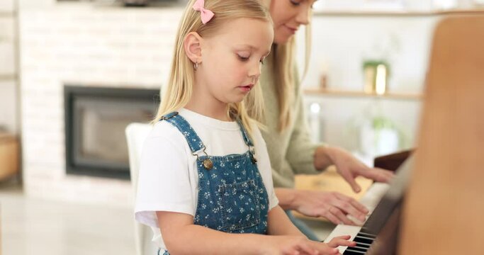 Piano, girl and student learning from teacher teaching musical keyboard skills for child development. Woman, mentor and instructor helping a creative, artistic and young kid be a talented musician