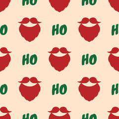 Christmas vector pattern. Seamless background with a beard, mustache, and text Ho Ho Ho. Red and green elements on beige color.Design for poster backdrop, gift wrappers, textiles, fabrics, and packing