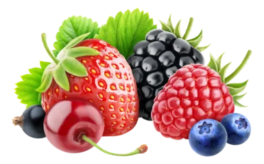 Plexiglas foto achterwand Assorted berries (cherry, black currants, strawberry, blackberry, raspberry, blueberries) cut out © ChaoticDesignStudio