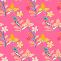 Abstract cute leaves and flower seamless pattern. Beautiful floral wallpaper. Cute plants endless backdrop.