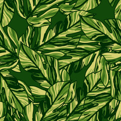 Creative tropical leaves seamless pattern in sketch style. Palm leaf endless floral background.