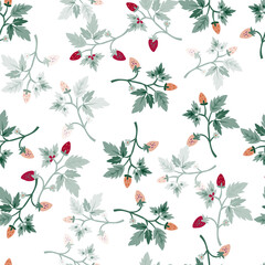 Wild strawberry seamless pattern. Wild berries floral wallpaper. Strawberry plant endless backdrop.