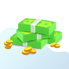Dollar bill. Green 3d render american money. Dollar banknote in cartoon style. Vector illustration isolated on transparent