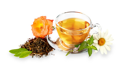 Cup of herbal tea on white - obrazy, fototapety, plakaty