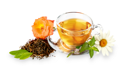 Cup of herbal tea on white