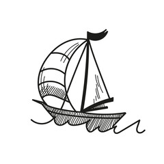 Sailboat, boat, children's drawing. Can be used as a coloring book, print on a T-shirt. Children's motif, doodle, sketch.