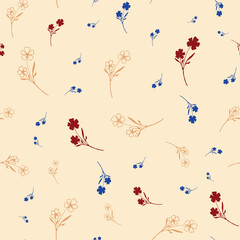 Vintage wild meadow flower seamless vector pattern background. Scattered yellow red flowers on beige backdrop. Line art outline silhouette botanical design. Garden floral maximalist cottagecore